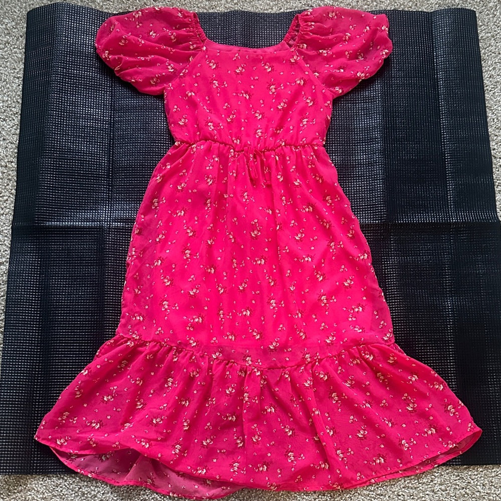 Girls Floral Pink Dress with Puff Sleeves